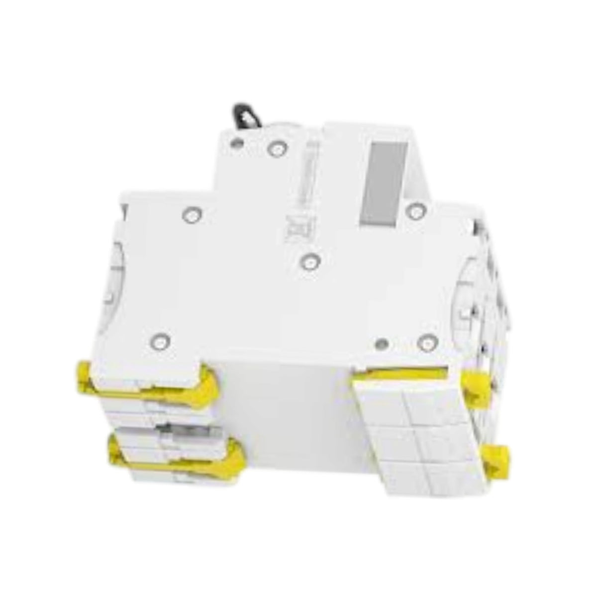 A white electrical terminal block or connector component with yellow locking tabs, shown on a plain white background.