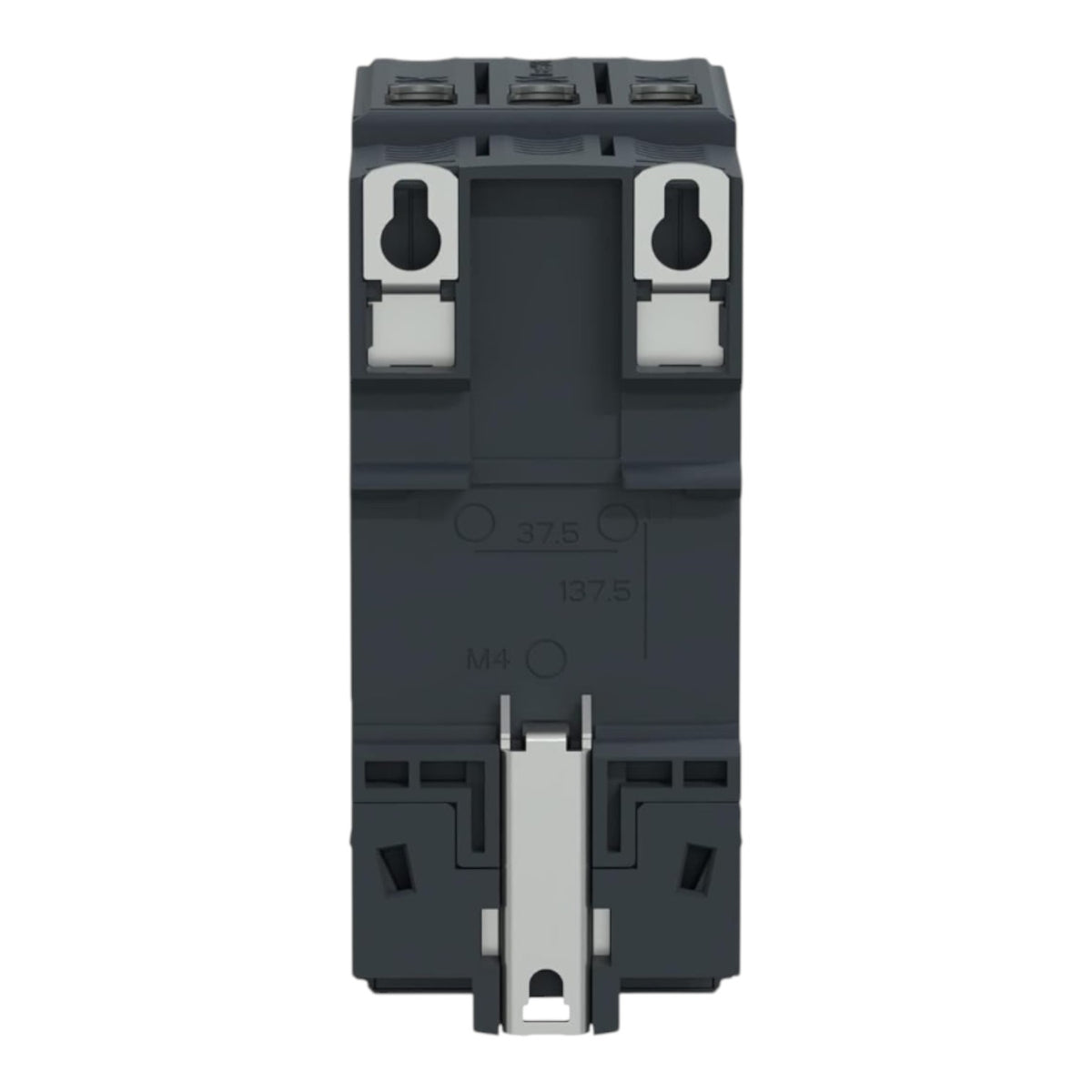 A dark gray electrical contactor or relay component with silver metal terminal blocks and a central handle, shown against a plain white background.