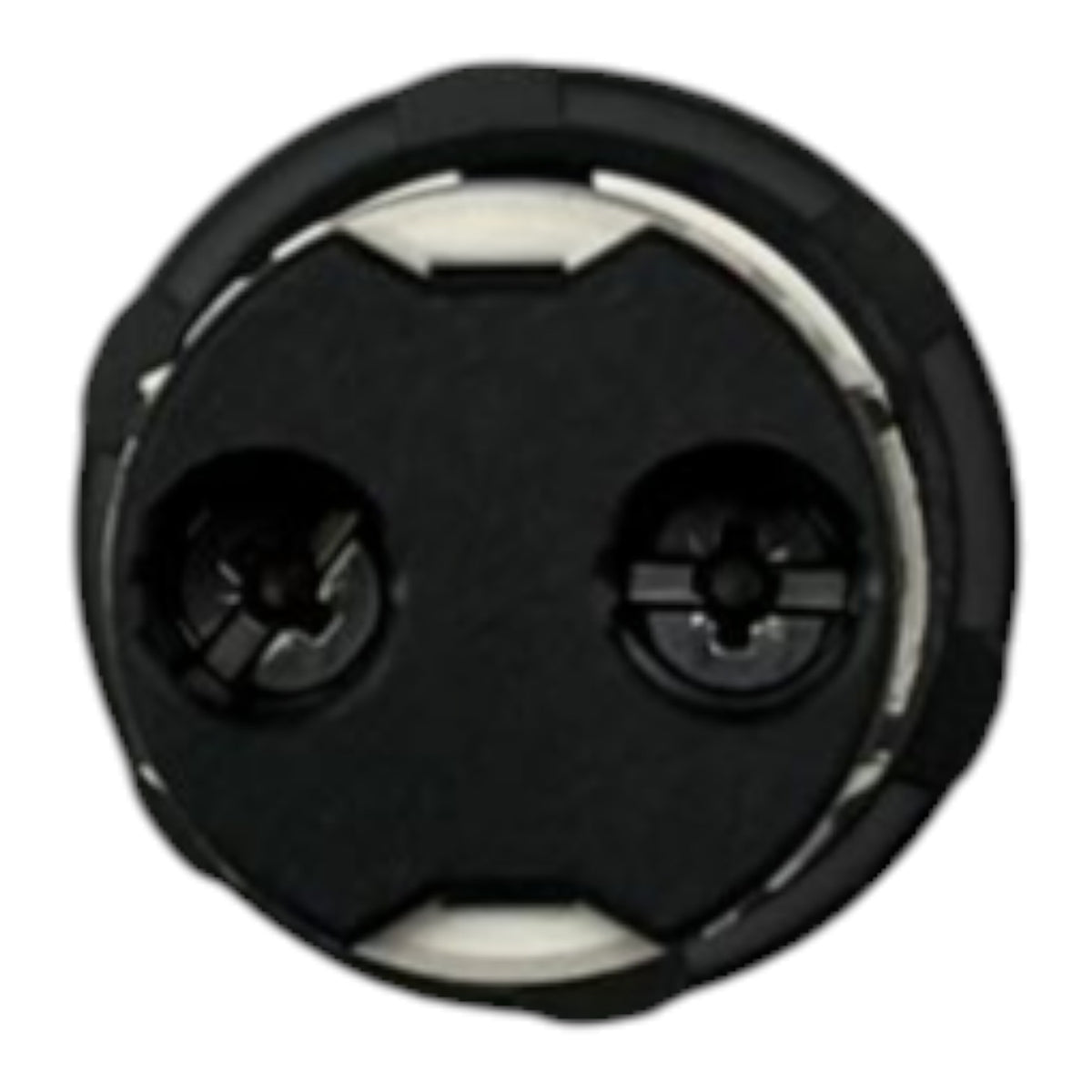 A close-up of a circular black plastic component with two screw holes and a white inner ring, isolated on a white background.