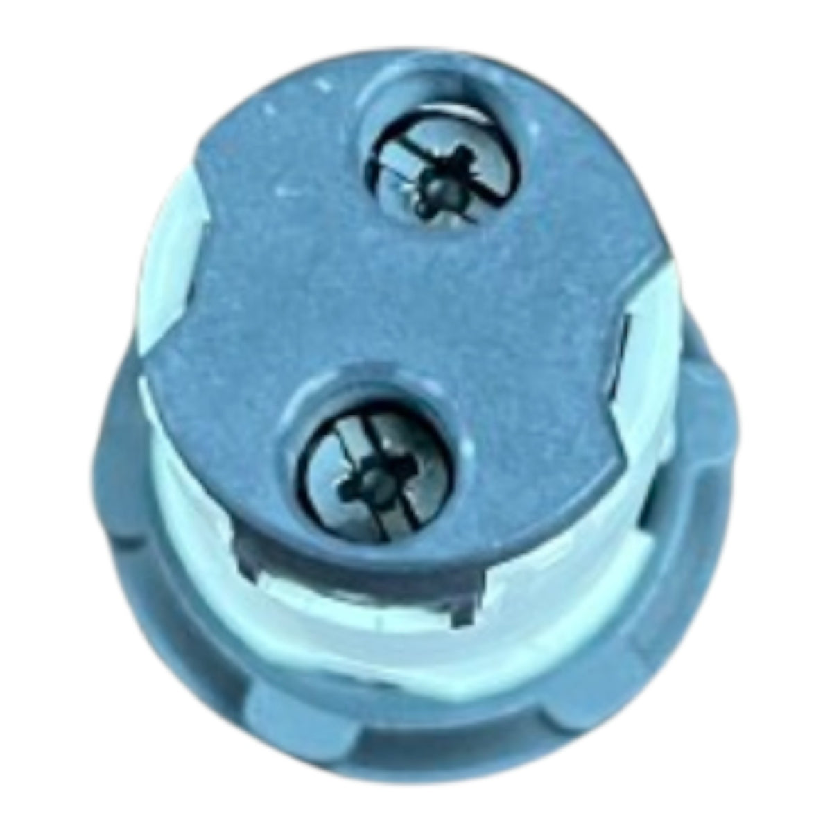 A close-up of a circular plastic cap or connector with two visible screws, shown on a plain white background.