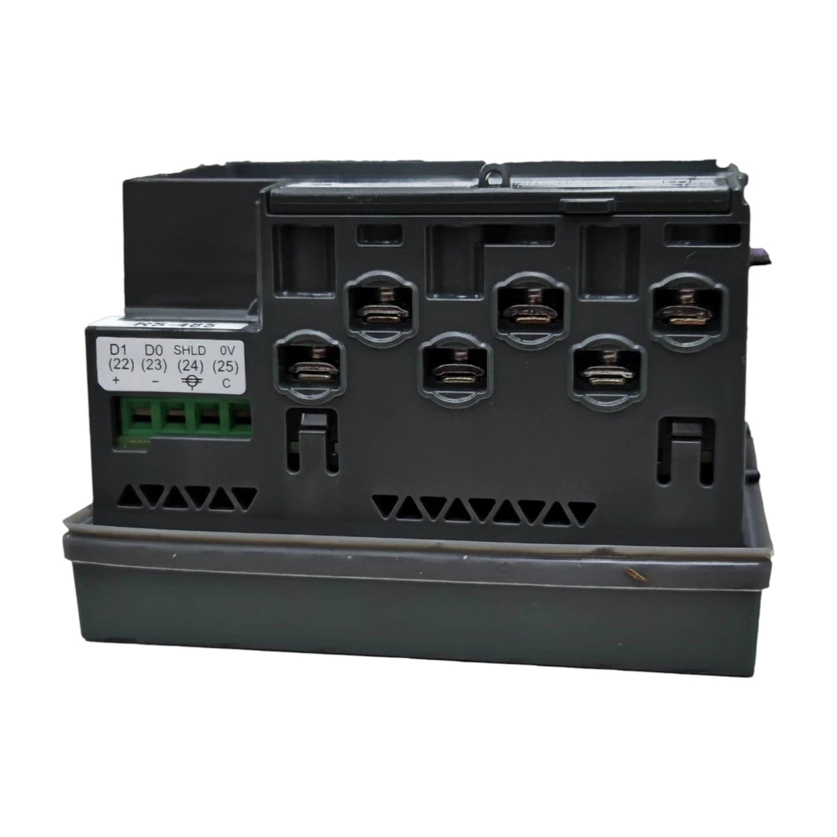 Black electronic module with multiple ports on a white background