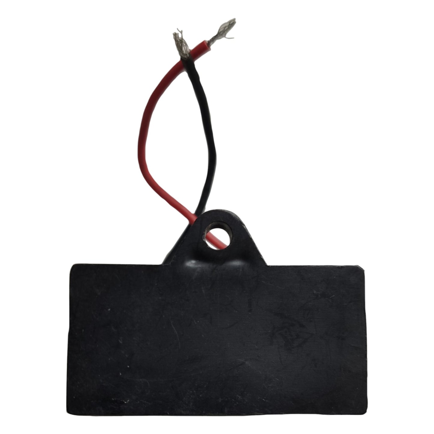 Black rectangular component with red and black wires on a white background