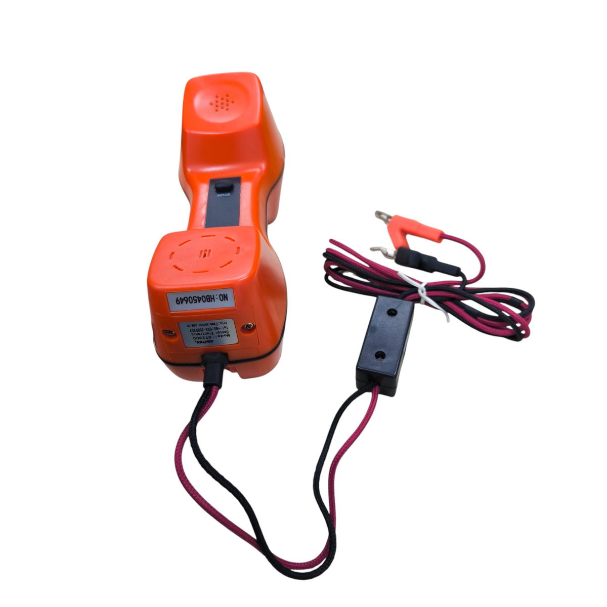 Senter Telephone Line Teste orange handset style line tester with lead wires and clips on white background