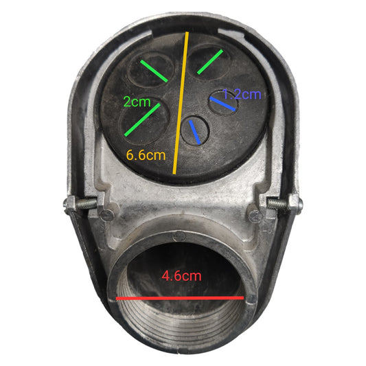 Metal pipe fitting with measurement markings on a white background
