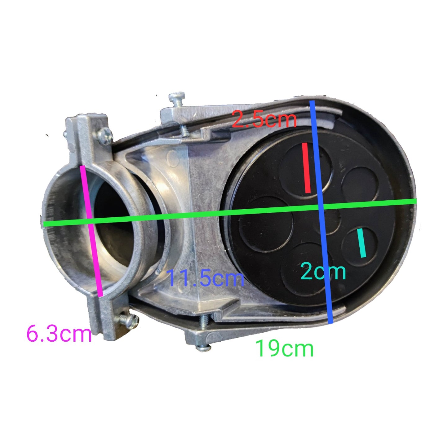 Measurement chart of a mechanical component with labeled dimensions on a white background