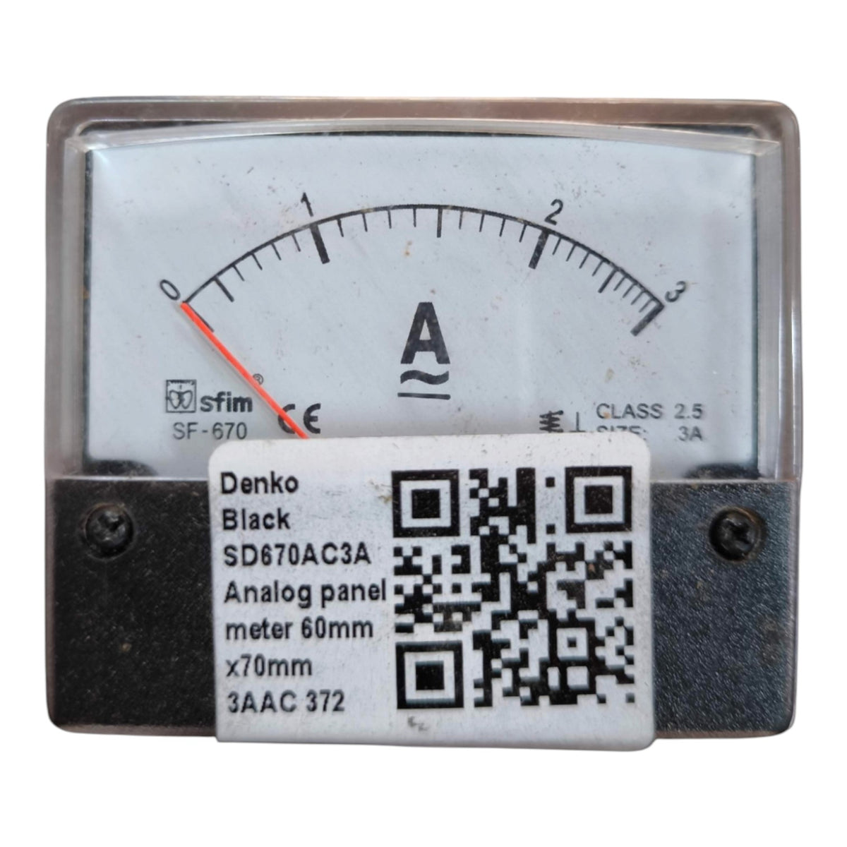 A square analog panel meter with a black frame and a white dial face, featuring a white product label sticker with a QR code and text identifying it as a Denko Black SD6870AC3A Analog panel meter 60mm x70mm 3AAC 372.