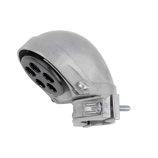 A polished silver metal mounting bracket with a dome-shaped cap featuring five circular black ports, shown on a plain white background.