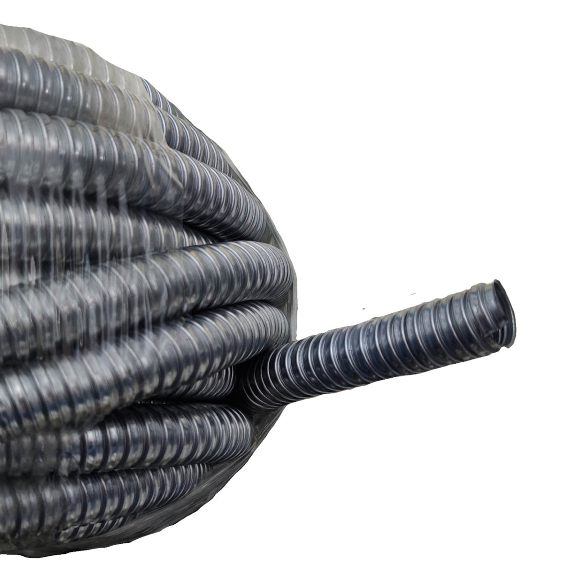 Coiled black rubber hose on a white background