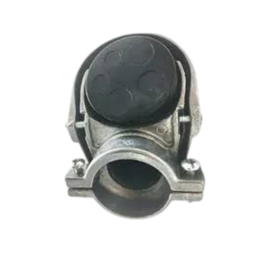 A metal electrical connector clamp with a black circular terminal cover, isolated on a white background.