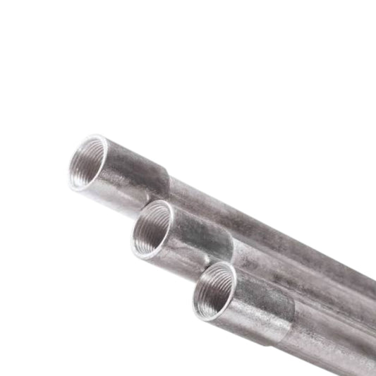 Three threaded metal pipe couplings shown diagonally on a plain white background.