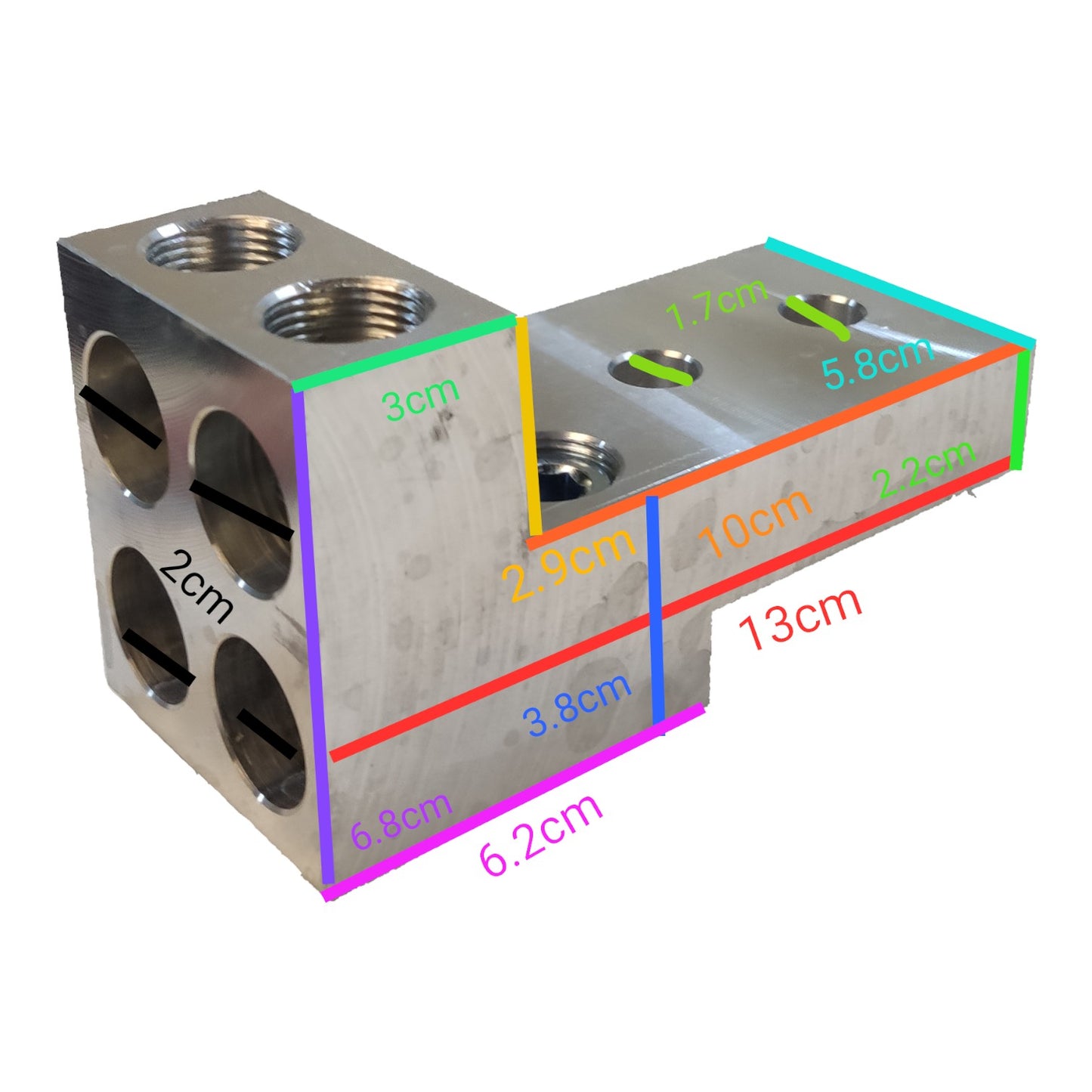 Metal block with dimensions labeled on a white background