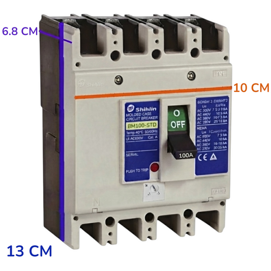 Shihlin BM100-STD 100A modular circuit breaker in gray plastic with blue and orange details, shown with dimension overlays indicating 13 cm, 6.8 cm, and 10 cm.