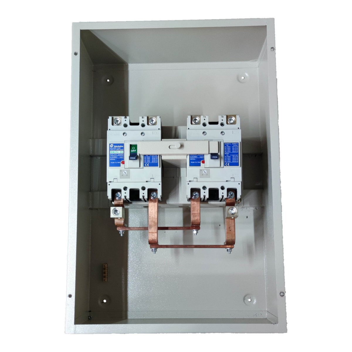 Electrical panel with circuit breakers and copper connections on a white background