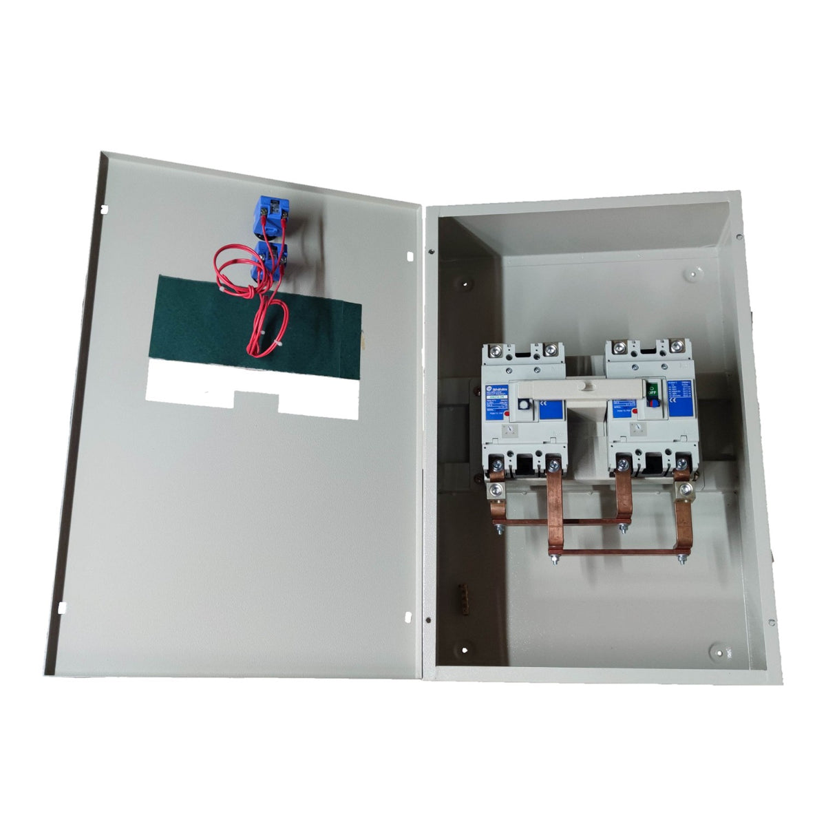 Electrical panel with open cover showing wiring and components on a white background