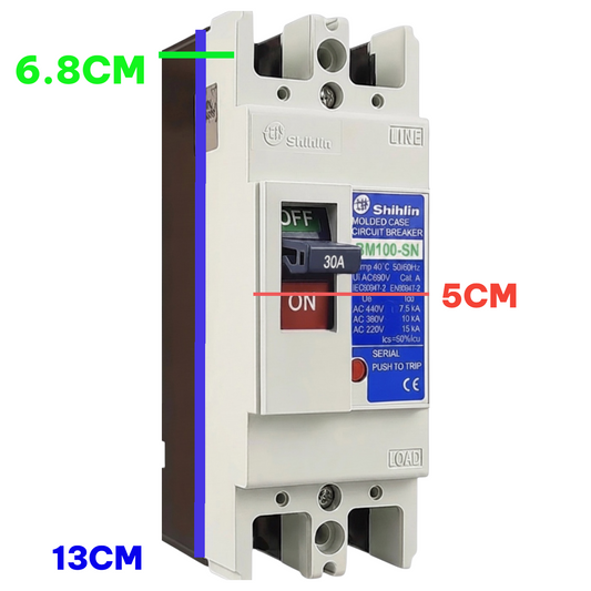A Shihlin M100 SN line circuit breaker shown on a white background with dimension annotations indicating 6.8cm, 5cm, and 13cm.