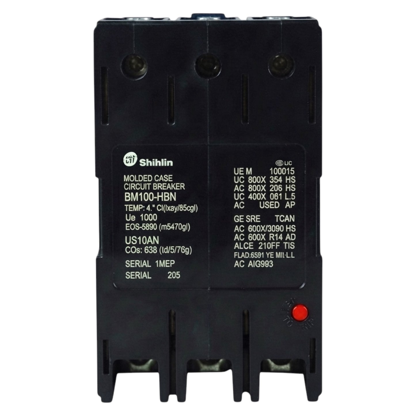 Shihlin BM100-HBN molded case circuit breaker in black plastic with white printed technical specifications and a small red indicator light, shown against a plain white background.