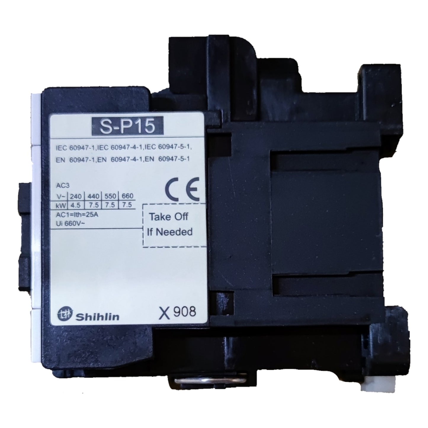 Black electrical contactor with label on a white background