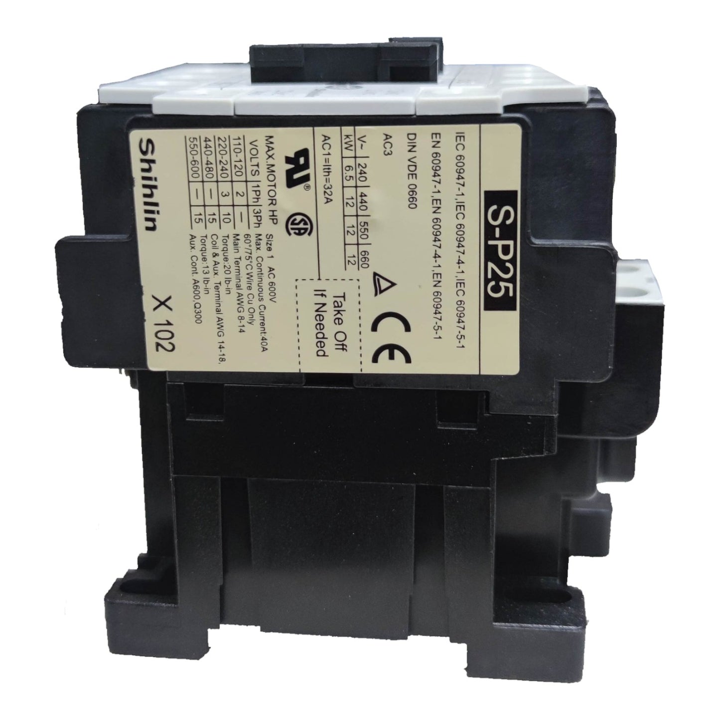Black electrical contactor with visible branding and certification labels on a white background