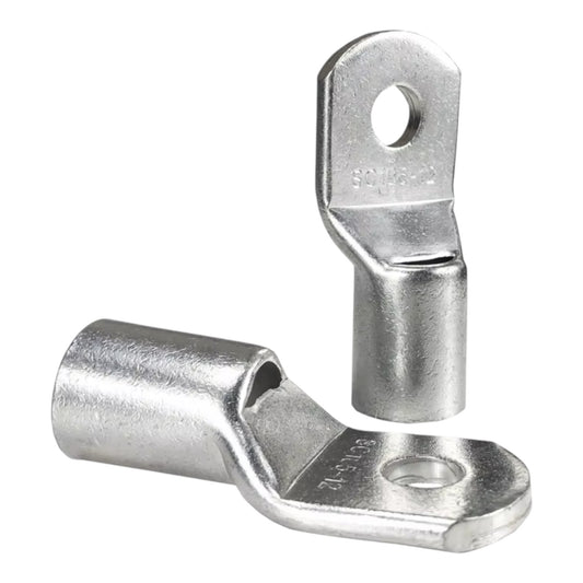 Two metal electrical connectors on a white background