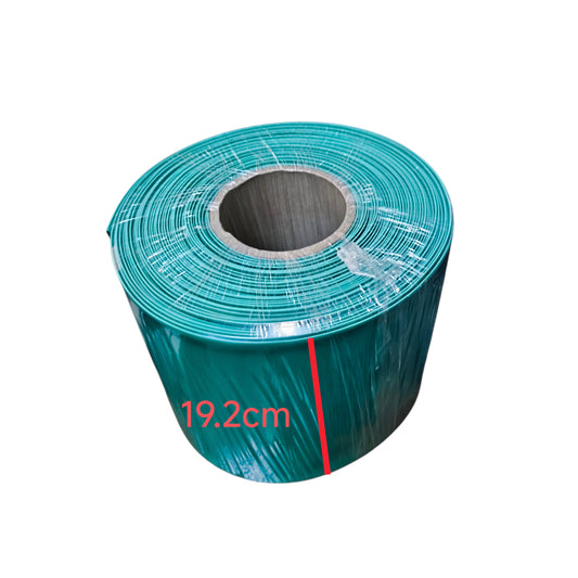Roll of green plastic sheeting with a width measurement of 19.2cm on a white background