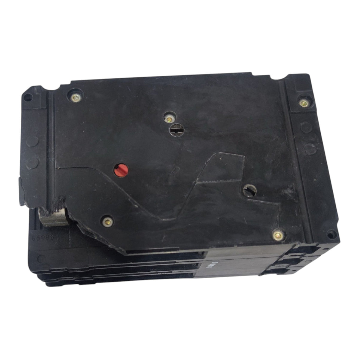 A black plastic industrial electronic module or battery component with mounting holes and a small red terminal detail, photographed on a white background.