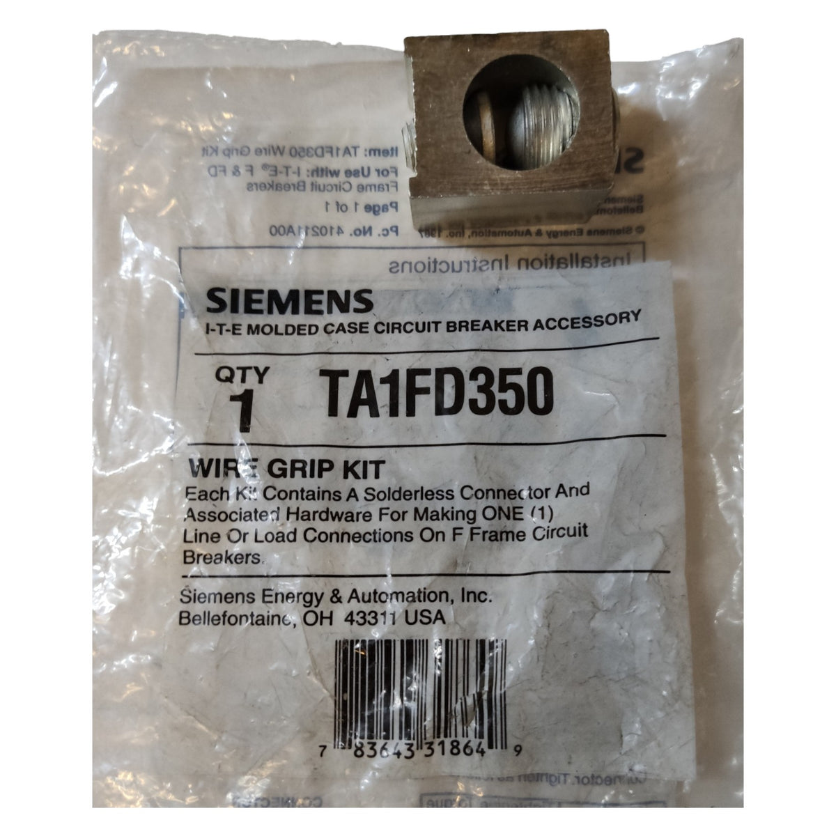 Siemens Mechanical Lug 1 Holes AWG 6 - 350 KCMIL TA1FD350