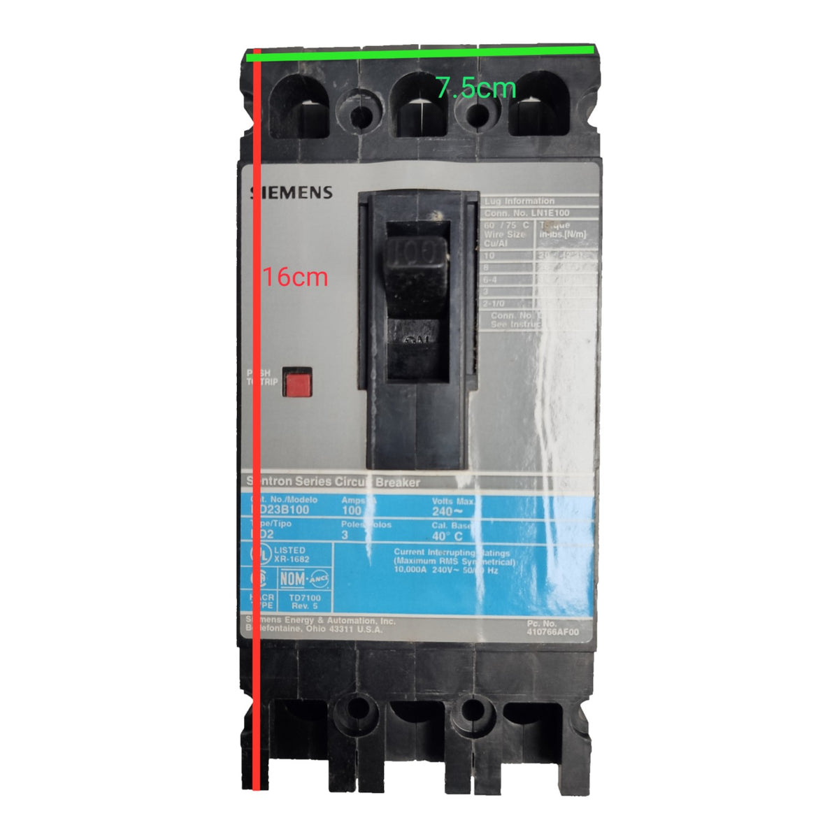 A Siemens circuit breaker shown front-on against a plain white background, with red and green measurement lines and text indicating dimensions (16cm, 7.5cm).