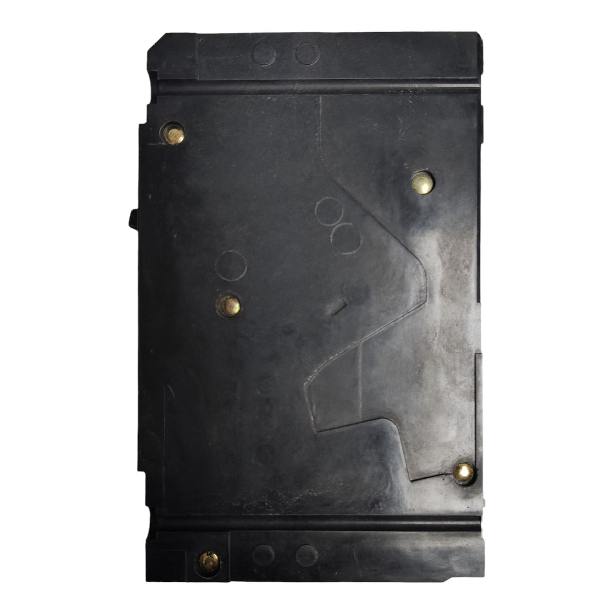 A black rectangular hard drive or storage enclosure with gold-colored mounting screws, shown from the back against a plain white background.