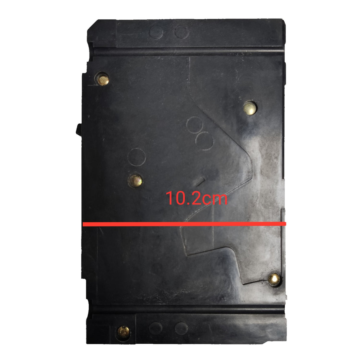 A black plastic replacement part or panel with brass-colored screws, featuring a red horizontal line and red text overlay indicating a width of 10.2cm, set against a plain white background.
