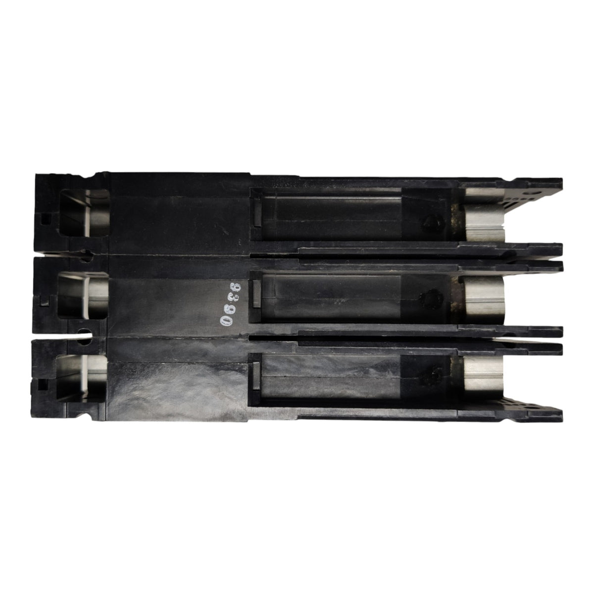 Three black plastic mechanical components stacked vertically, featuring silver metal rollers and white printed numbers '9390' on a clean white background.