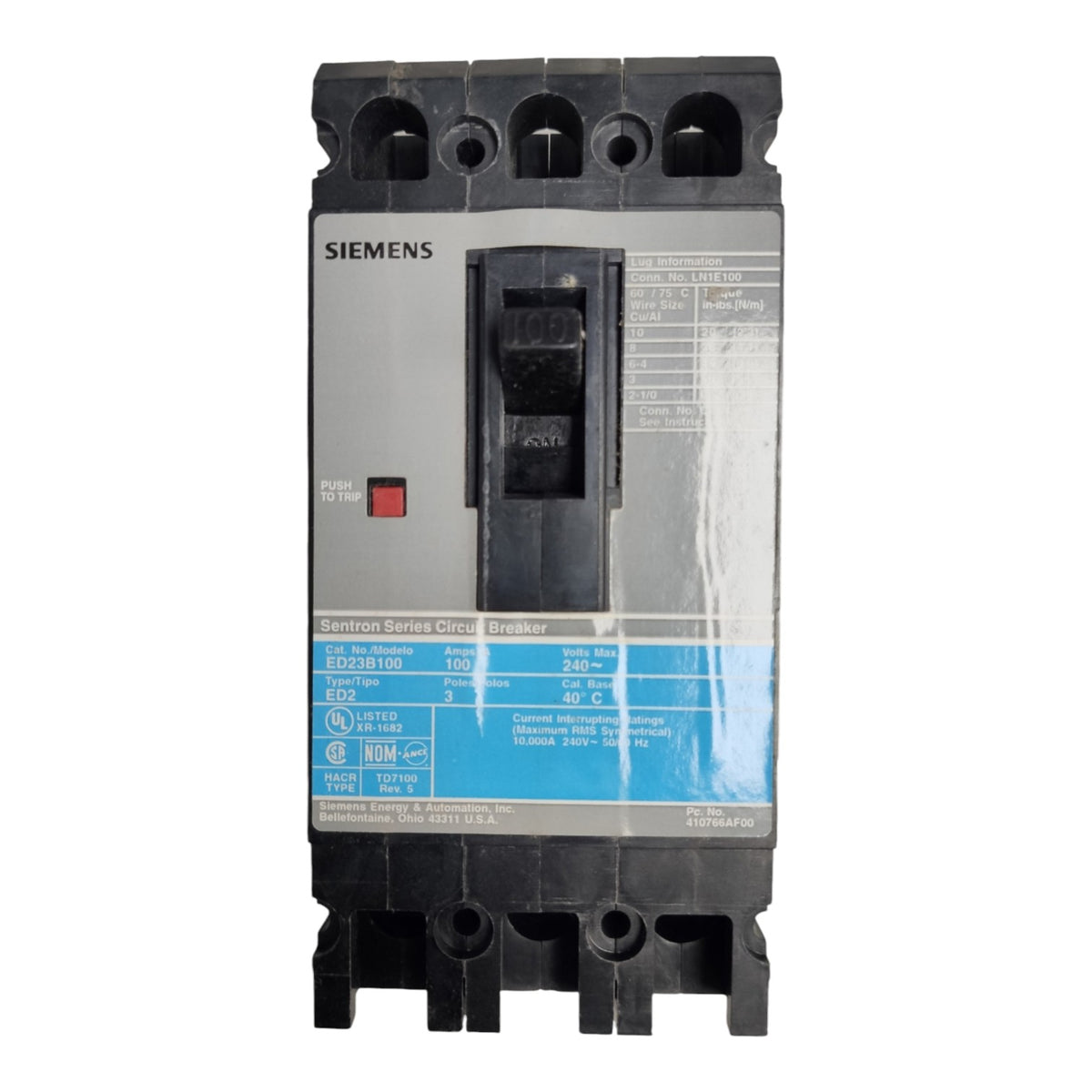 A Siemens circuit breaker from the Power Series OCZ 3 line, featuring a gray front panel with a blue technical specification label, black plastic housing, and a central switch.