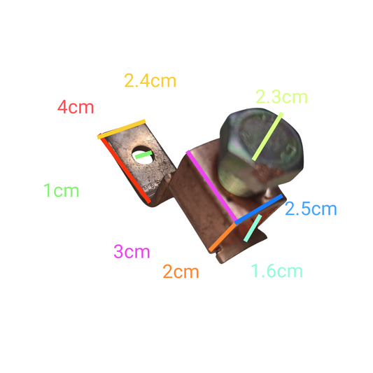 Metal clip with dimensions labeled on a white background Solderless Terminal Lugs 125mm - 175mm Wire Size Copper, SA-300 Electx Electrical Supply