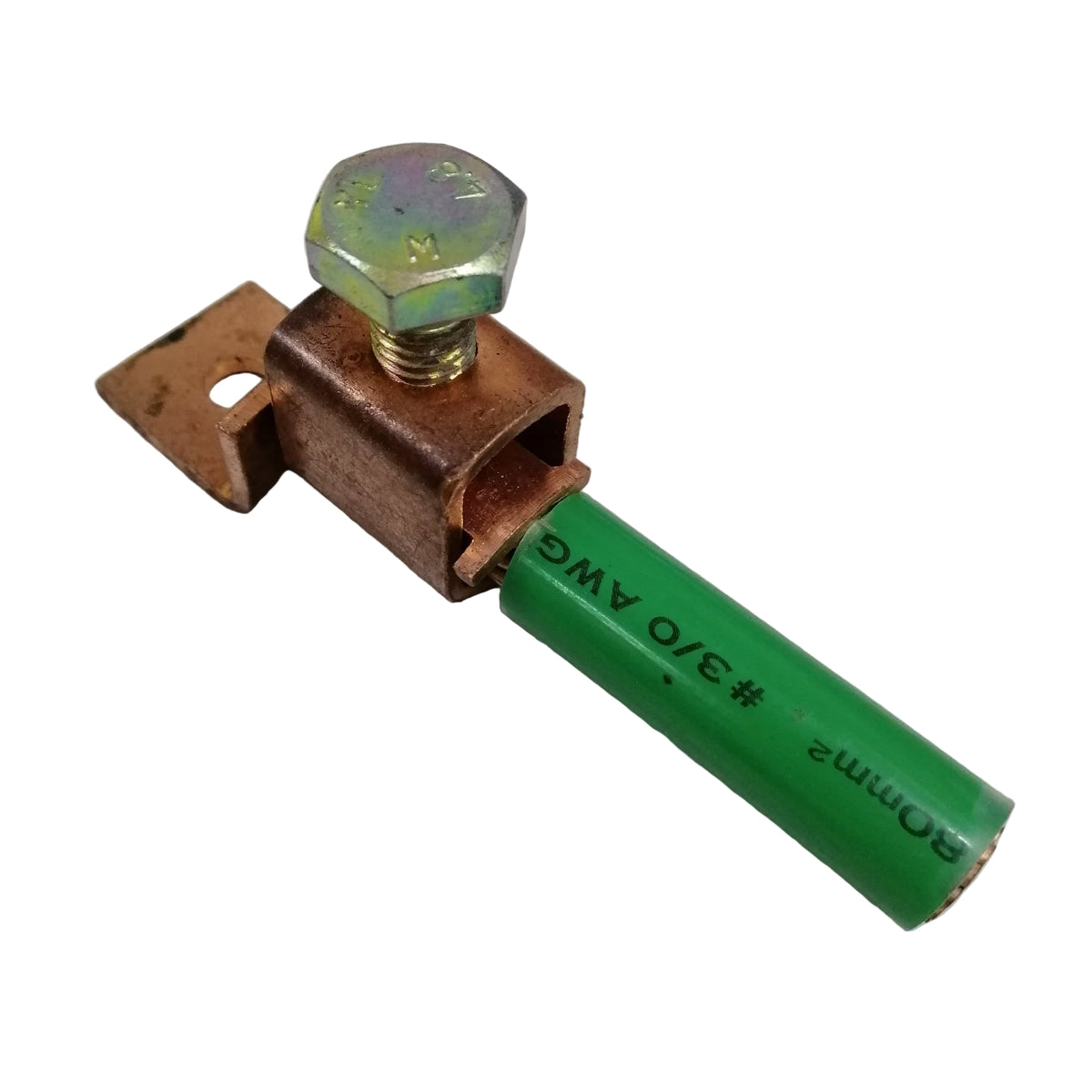 Electrical connector with a green cylindrical component on a white background Solderless Terminal Lugs 80mm-100mm Wire Size Copper, AWG 3/0-4/0 SA-225 Electx ELectrical Supply