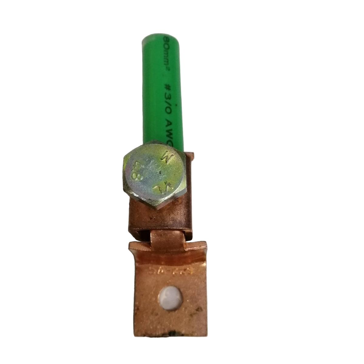 Copper electrical connector with green insulation on a white background Solderless Terminal Lugs 80mm-100mm Wire Size Copper, AWG 3/0-4/0 SA-225 Electx ELectrical Supply