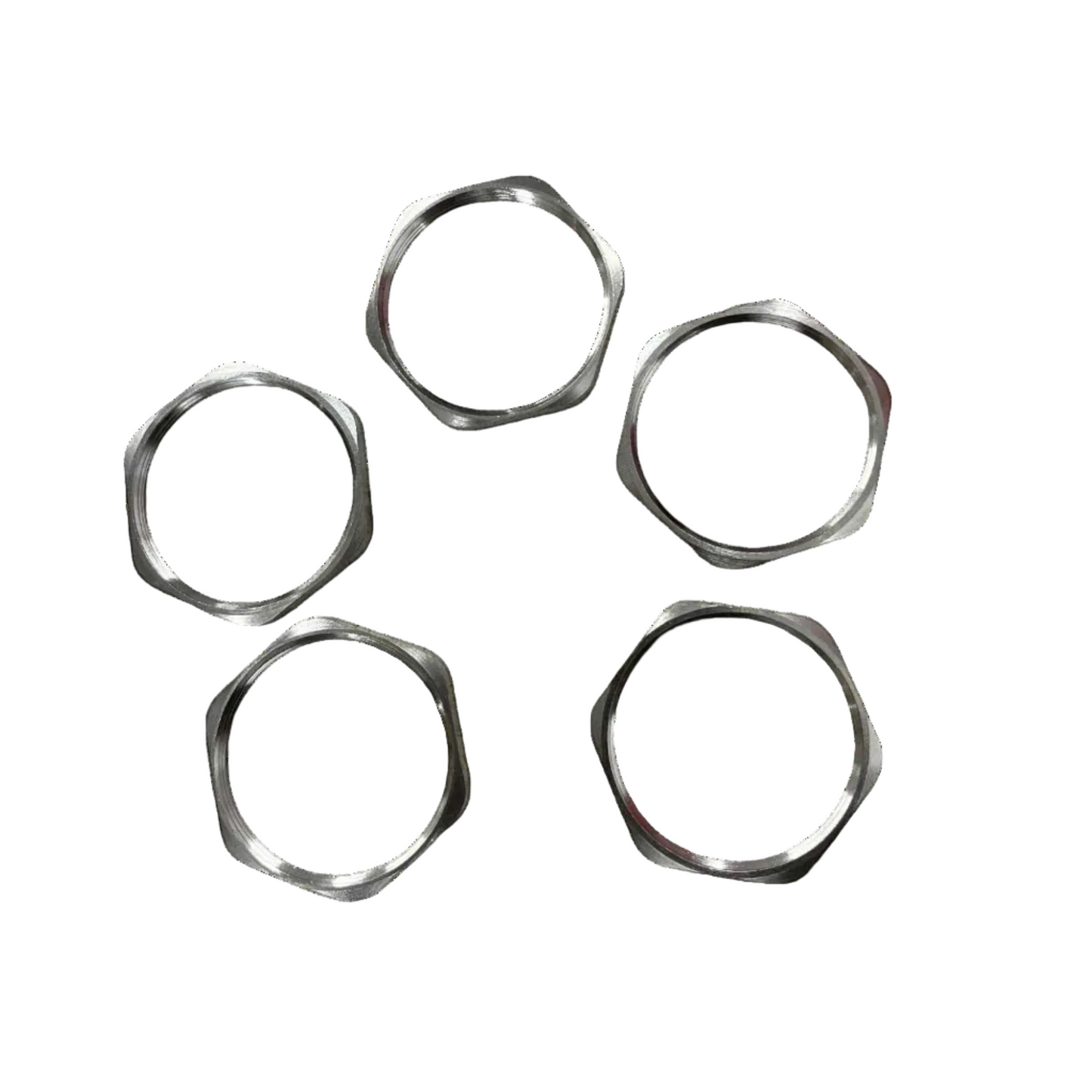 Five metallic rings of different sizes on a white background Stainless 48mm inner Thread with 5mm thickness Nut Electx Electrical Supply 10
