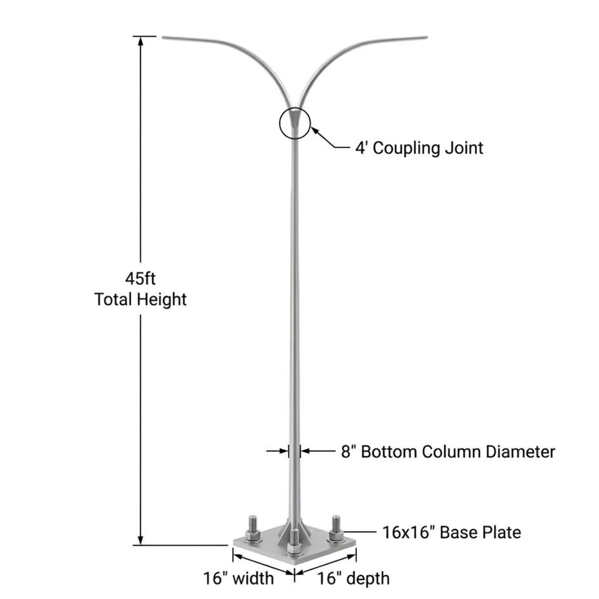 Technical dimension diagram of a silver metal garden light pole with a Y-shaped arm, showing measurements for total height of 45 feet, 8-inch bottom column diameter, and a 16x16 inch base plate.
