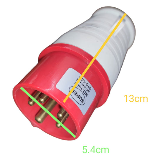 A red and white electrical plug shown on a white background with overlaid dimension lines and text indicating 13cm length and 5.4cm width.