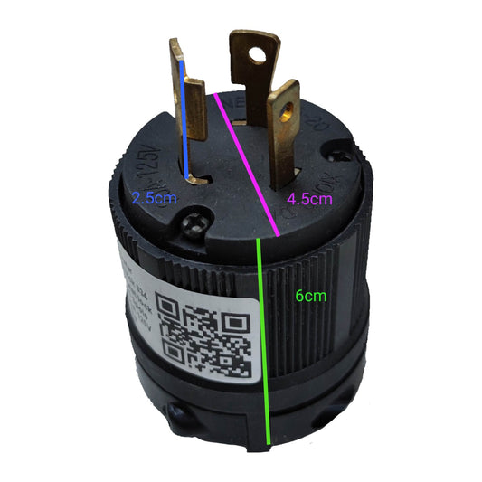 Electrical plug with measurements and a QR code on a white background Surer 20A 125V Twist Lock Plug 2P+E L5-20 Twistlock 334 Twist to Lock Plug Electx Electrical Supply