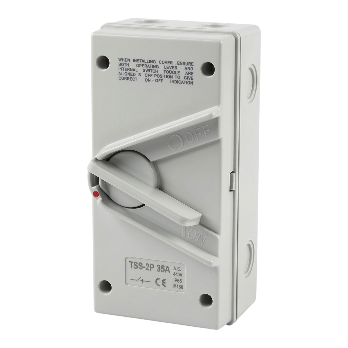A white plastic modular electrical switch component with a lever switch, printed technical specifications, and a small red indicator dot, shown on a plain white background.