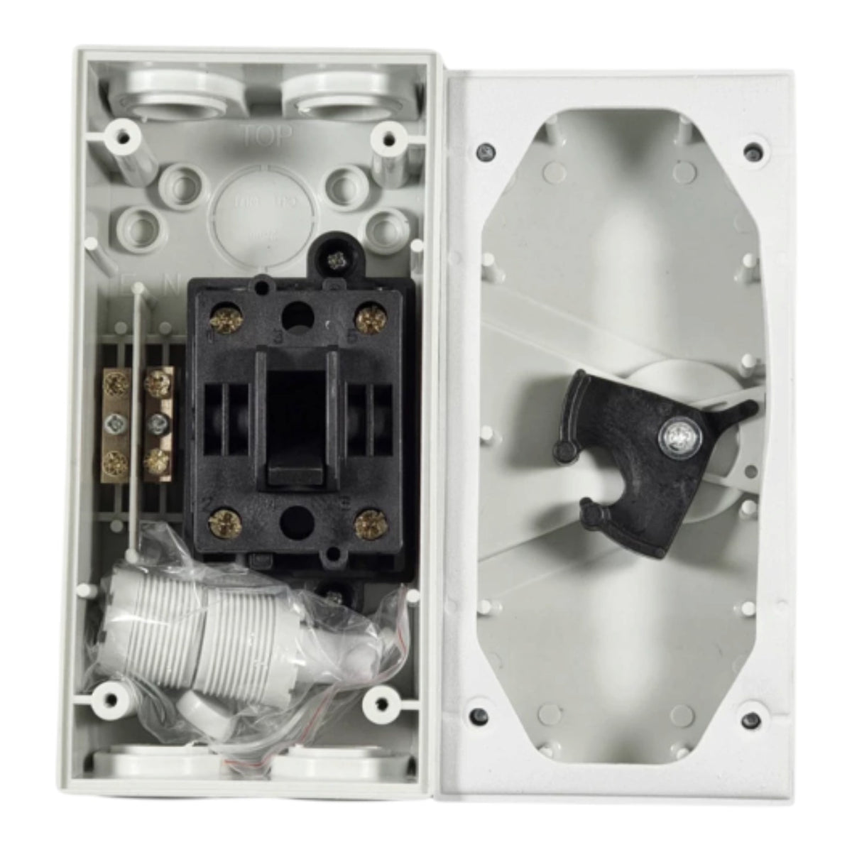 An electrical junction box shown open, displaying its internal components including a black main contactor, white cable, and a white mounting bracket on the exterior panel.