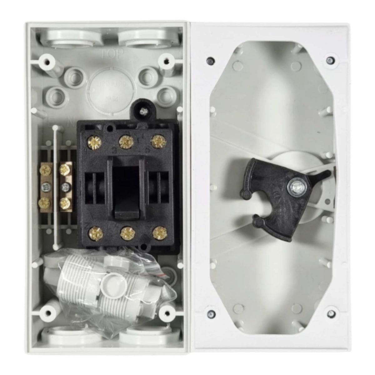 An electrical junction box or distribution enclosure shown open, with the left side displaying internal components including a black contactor, terminal blocks, and a motor, and the right side showing the back panel with a black switch handle.