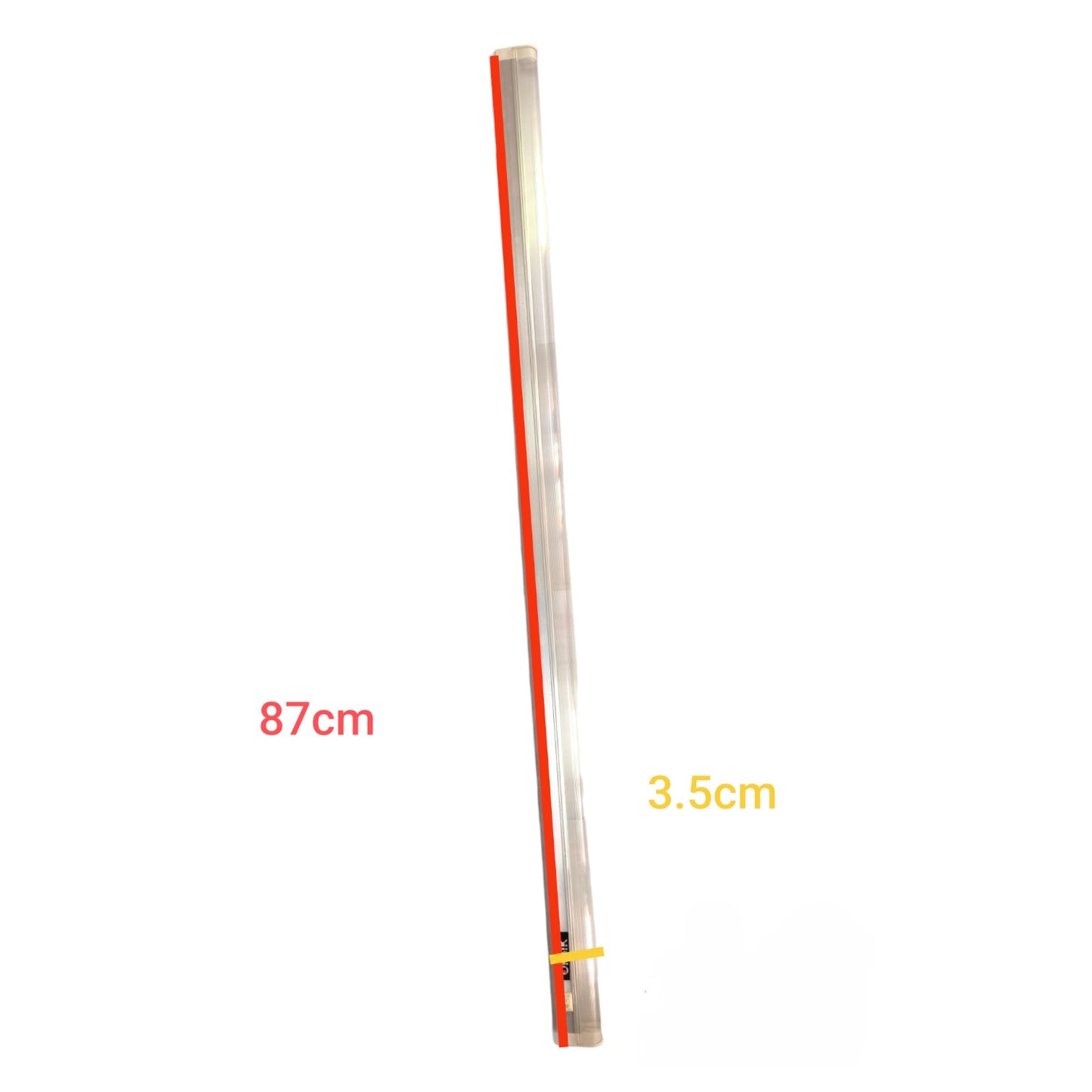 Long thin metallic rod with measurements on a white background