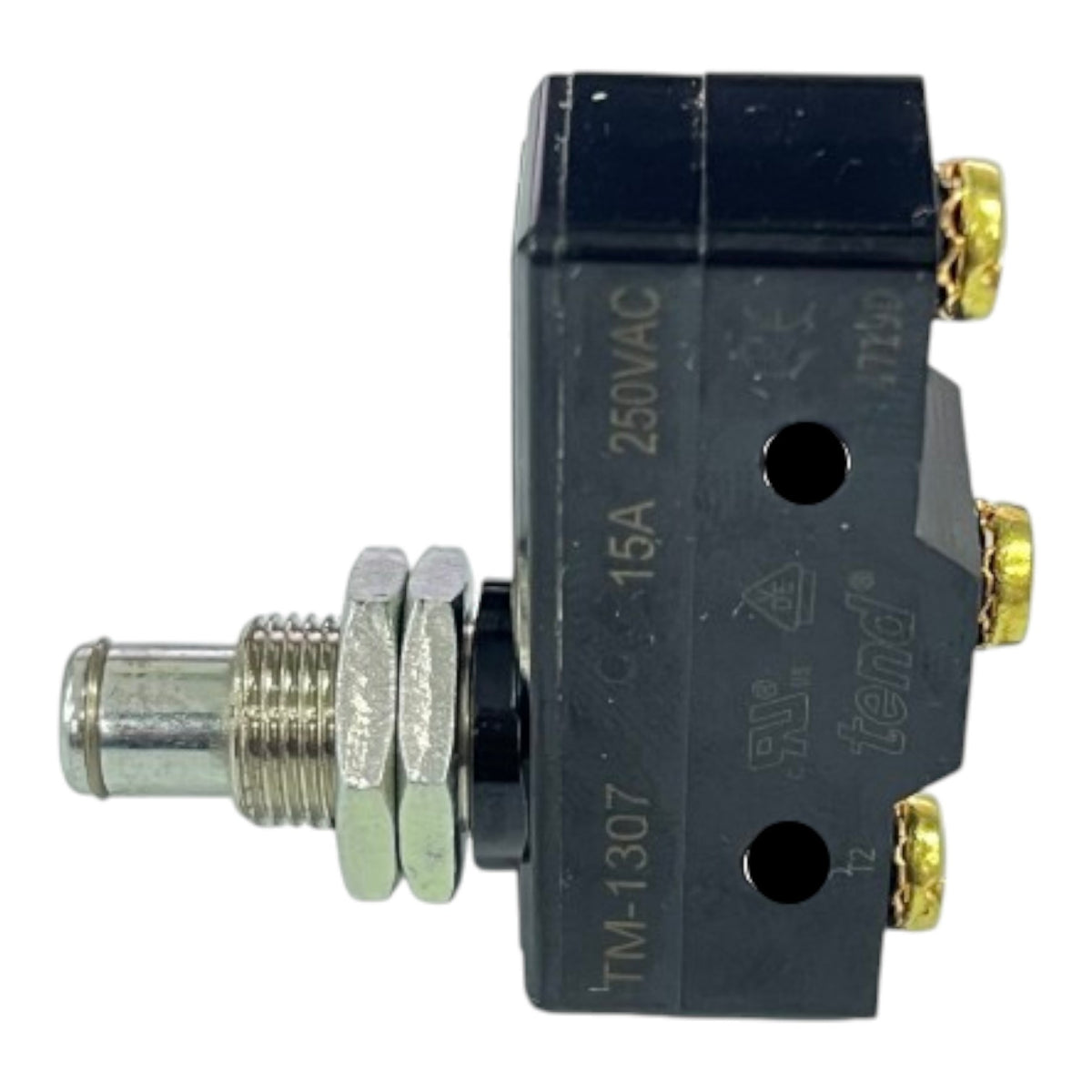 A black electrical contactor or relay component with a silver threaded metal post, a silver hex nut, and gold screw terminals, shown on a plain white background.