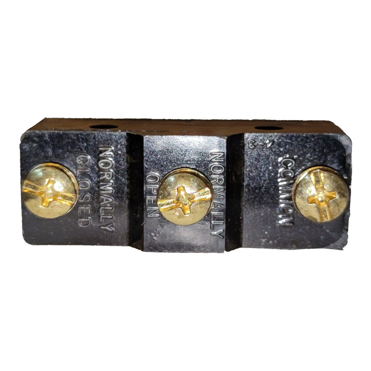 A three-terminal electrical terminal block with black plastic housing and gold-colored screw terminals, shown on a plain white background.
