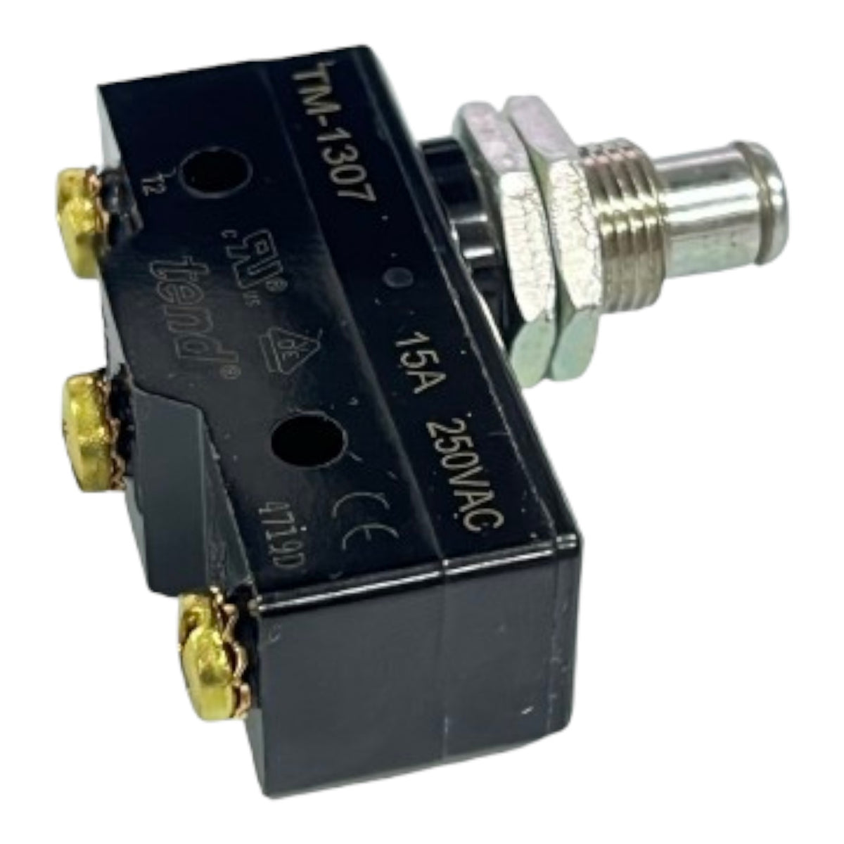 A black electrical push-button switch with gold and silver screw terminals, a silver metal connector, and white printed specifications on a white background.