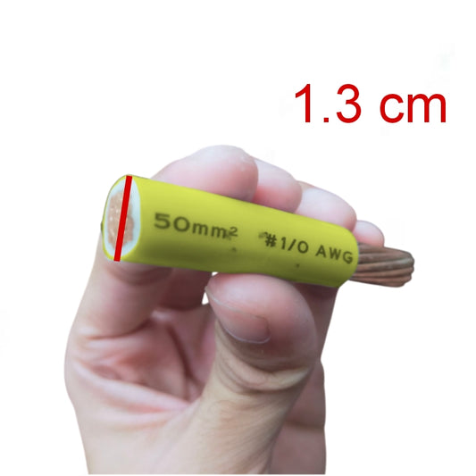 Hand holding a yellow cable with specifications, labeled '1.3 cm' in red text.