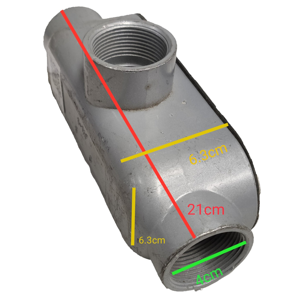 Metal pipe fitting with measurements on a white background