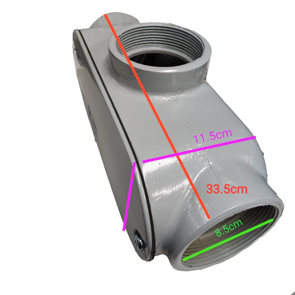 Metal pipe fitting with measurements on a white background