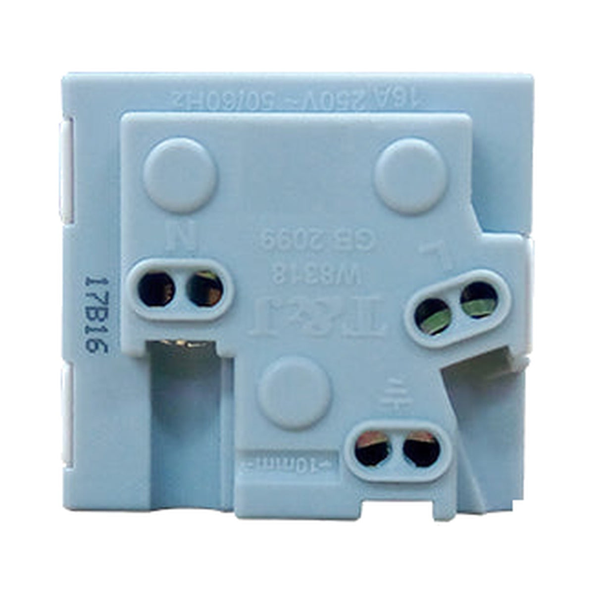 A light blue plastic electrical terminal block connector with screw terminals and printed markings, shown on a plain white background.