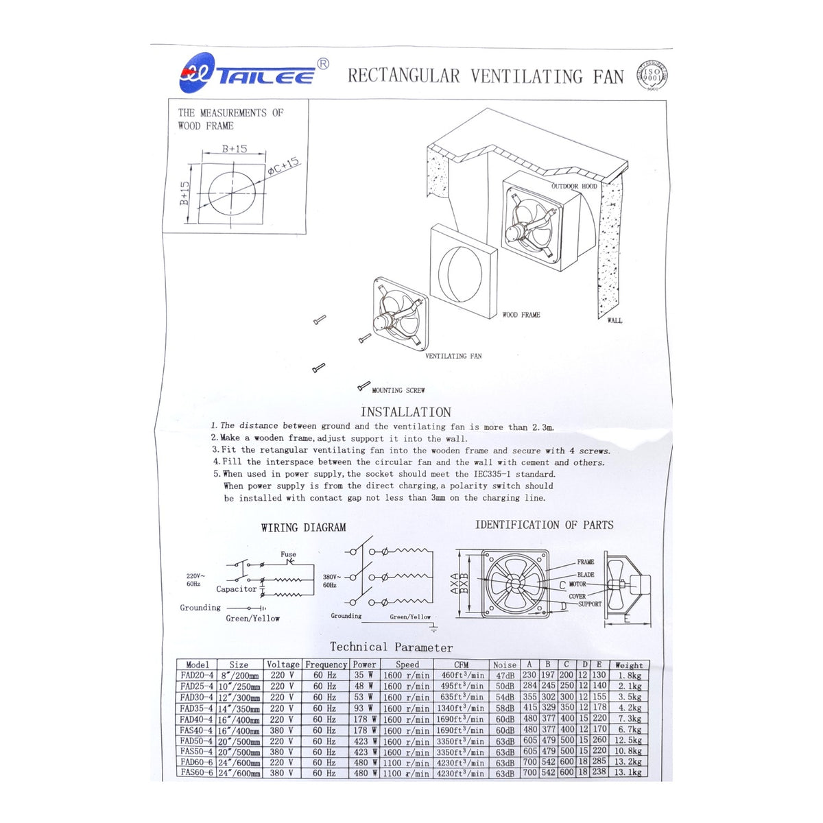 A technical instruction sheet for a rectangular ventilating fan, showing dimension diagrams, installation steps, wiring diagram, part identification, and a technical parameter table on a white background.